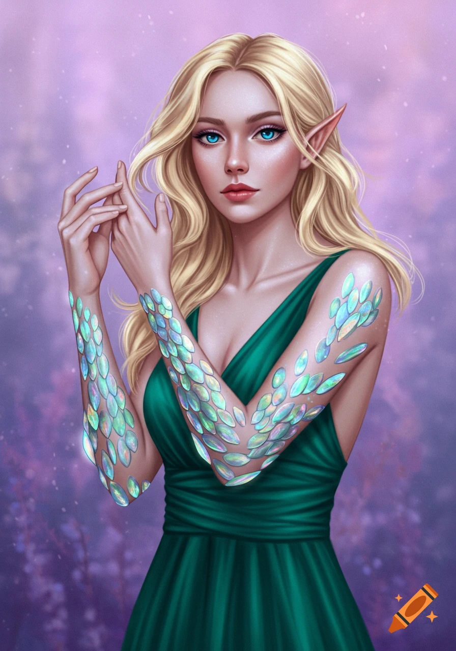 A blonde woman with blue eyes and pointed ears, wearing a green dress, with iridescent scales on her arms.