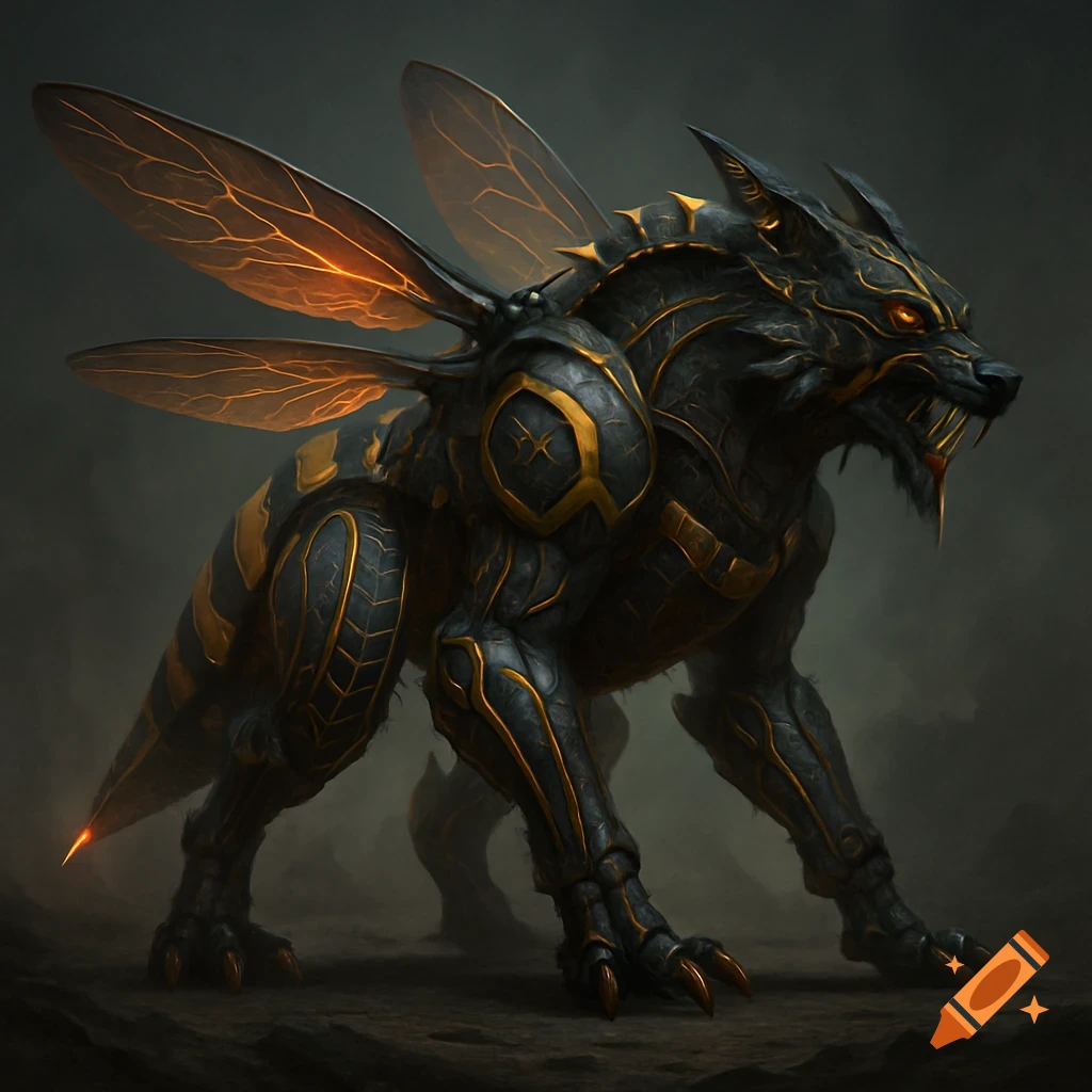 A menacing biomechanical wolf-bee hybrid creature with glowing amber wings and golden armor against a dark background.