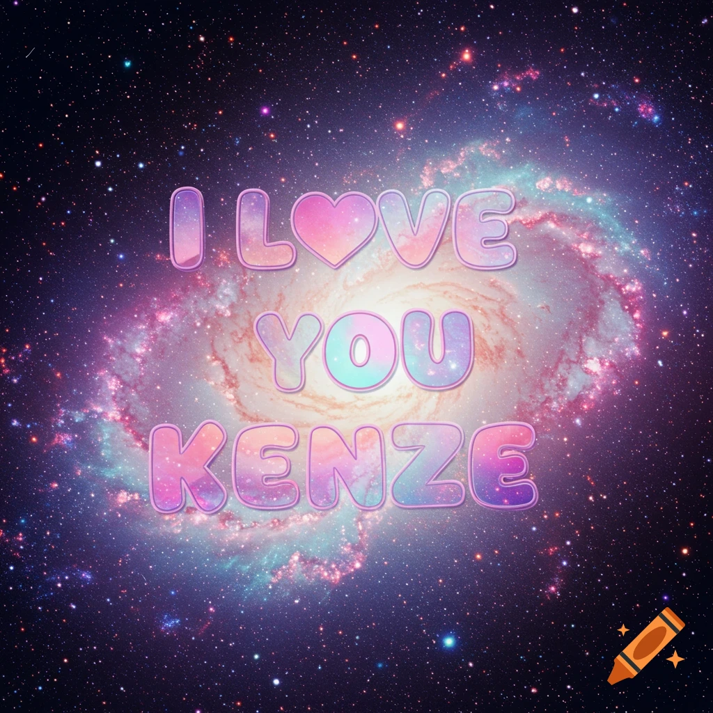 Colorful text 'I LOVE YOU KENZE' against a vibrant galaxy background with stars.