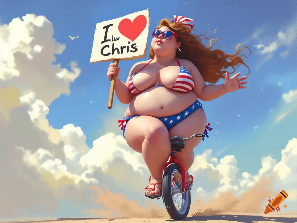 Stylized illustration of an overweight woman in a patriotic bikini riding a unicycle on a beach, holding a sign that says 'I luv Chris'.