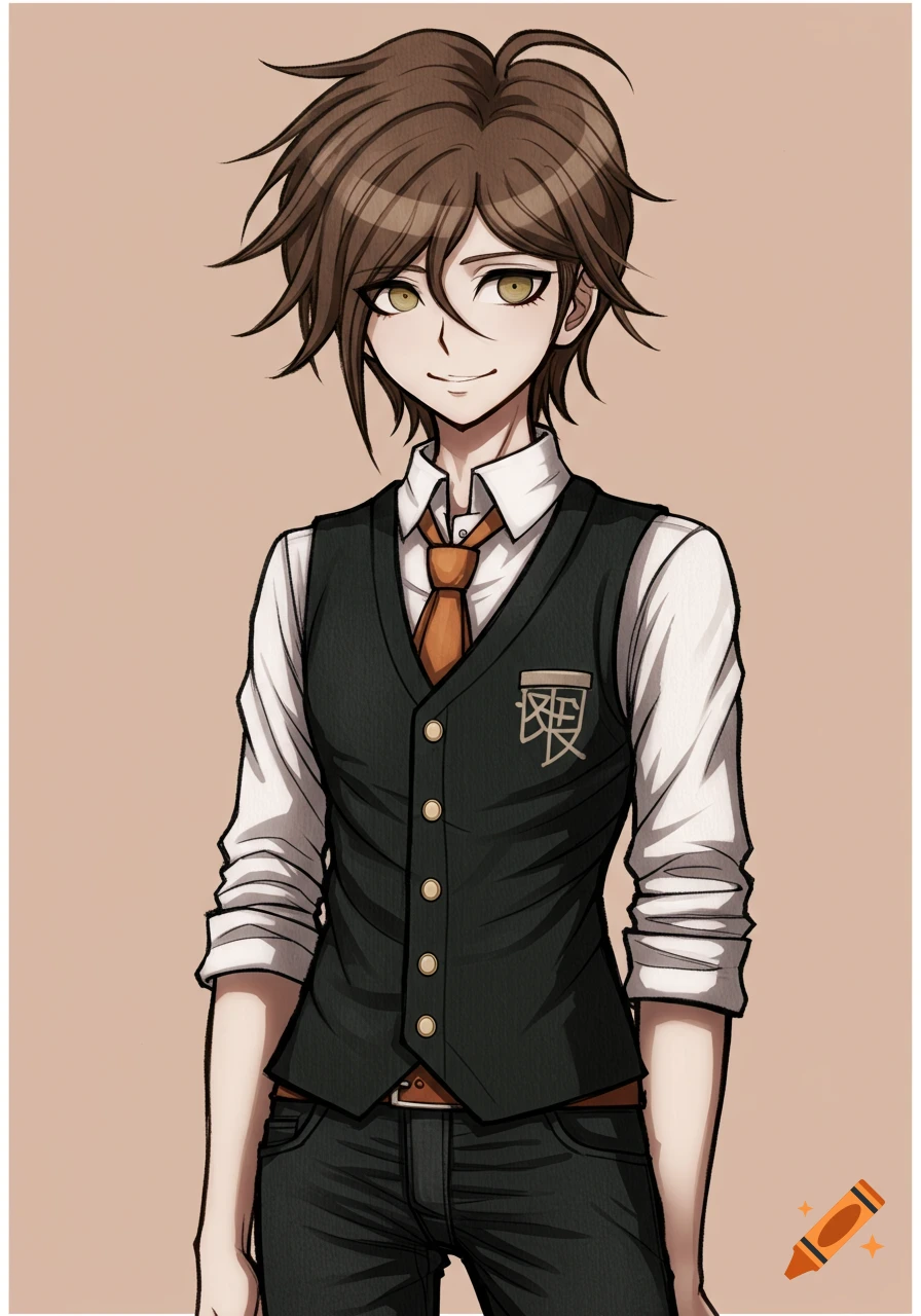 A brown-haired anime man with golden eyes smiles, wearing a white shirt, orange tie, black vest, and black jeans, in a Danganronpa style.