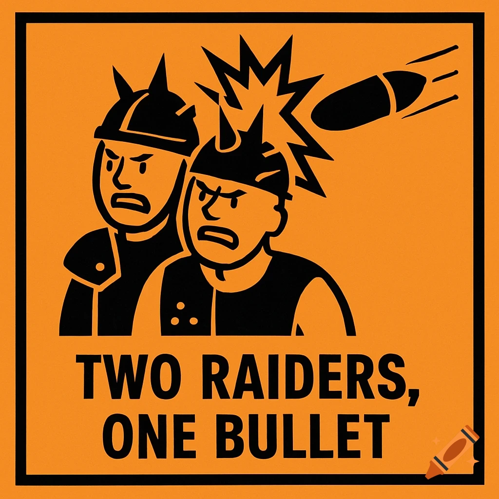 A stylized orange and black graphic of two angry raiders, one hit by a projectile, with the text 'TWO RAIDERS, ONE BULLET'.