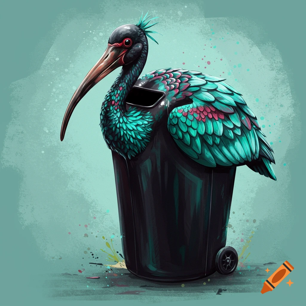 A stylized illustration of a black ibis bird with vibrant teal and pink feathers, forming the shape of a black waste bin on wheels, against a light teal background.