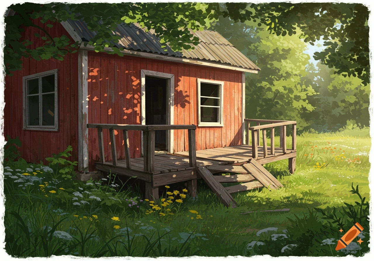 A red dilapidated cottage with a wooden deck stands in a sunny, grassy field surrounded by trees, in a painterly style.