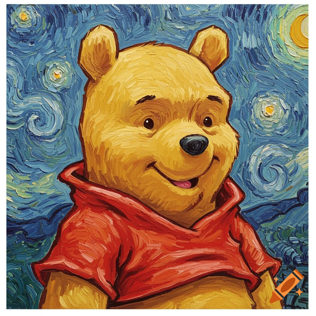 Vibrant, impasto painting of Winnie the Pooh smiling, set against a swirling blue, starry night sky in Van Gogh's style.