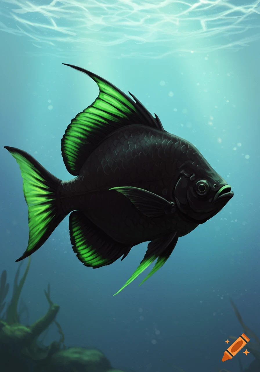 A dark fish with vibrant green fins swims in clear blue-green water, with light ripples above.