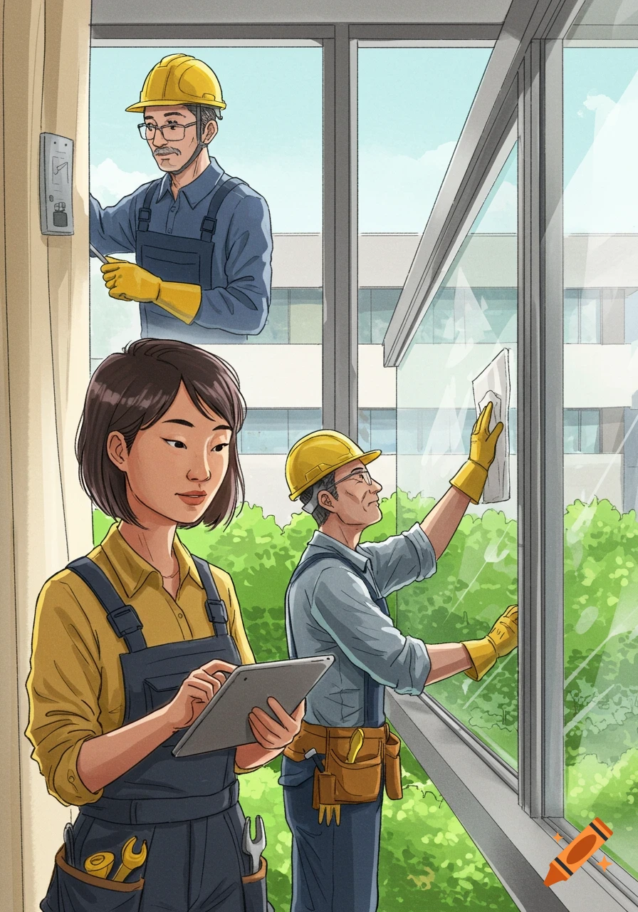 Three service workers, two men and one woman, in a bright illustration. One man cleans a window, another works on a wall panel, and the woman uses a tablet.