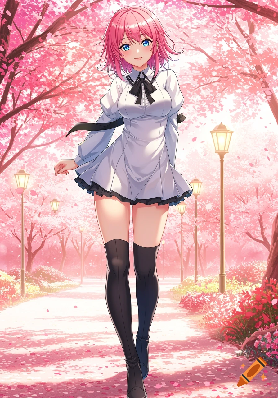Anime woman with pink hair and blue eyes walks in a cherry blossom park.