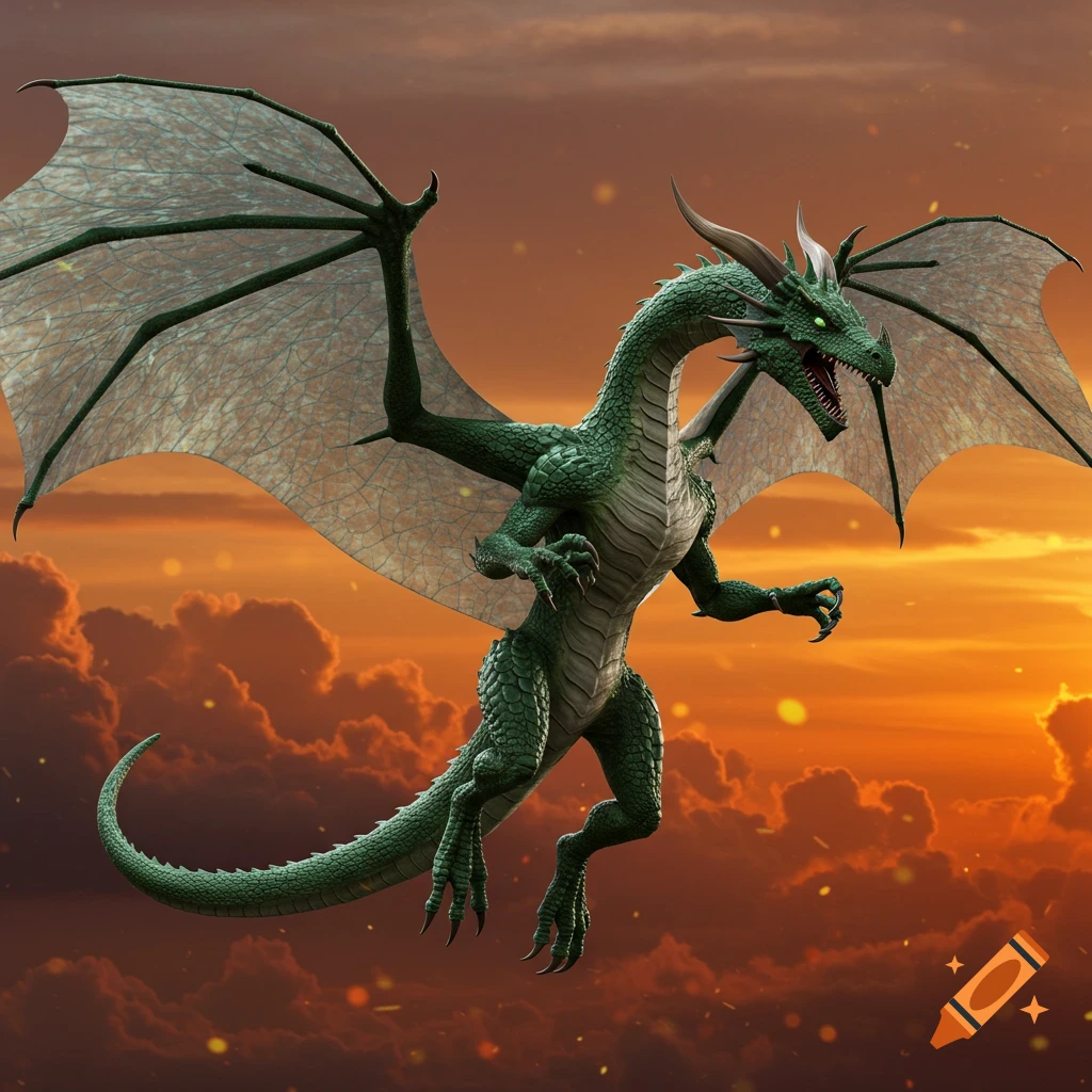 A large green dragon with prominent wings soars through an orange, cloudy sky at sunset, with specks of light around it.