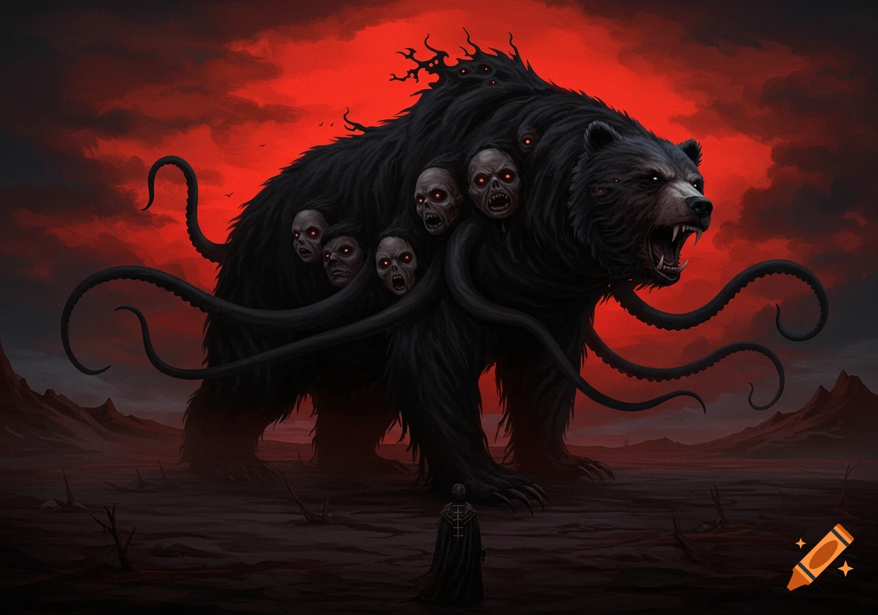 A large, dark, bear-like creature with multiple grotesque human heads and tentacles on its back, facing a cloaked figure under a red sky.