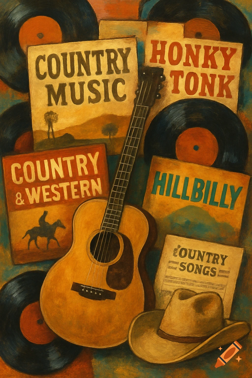 A painted collage featuring a guitar, vinyl records, and album covers with country music themes and titles like 'Honky Tonk' and 'Hillbilly'.