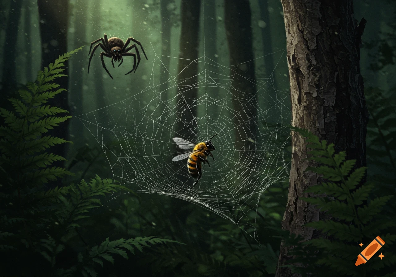 A spider hovers above a dew-covered spider web, which holds a trapped bee, set in a mystical, sunlit forest.