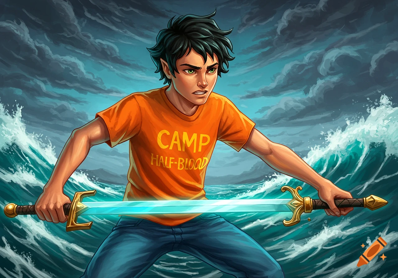 A young male character with dark hair and green eyes, wearing an orange "CAMP HALF-BLOOD" shirt, holds a glowing blue sword while standing in turbulent water under a stormy sky.
