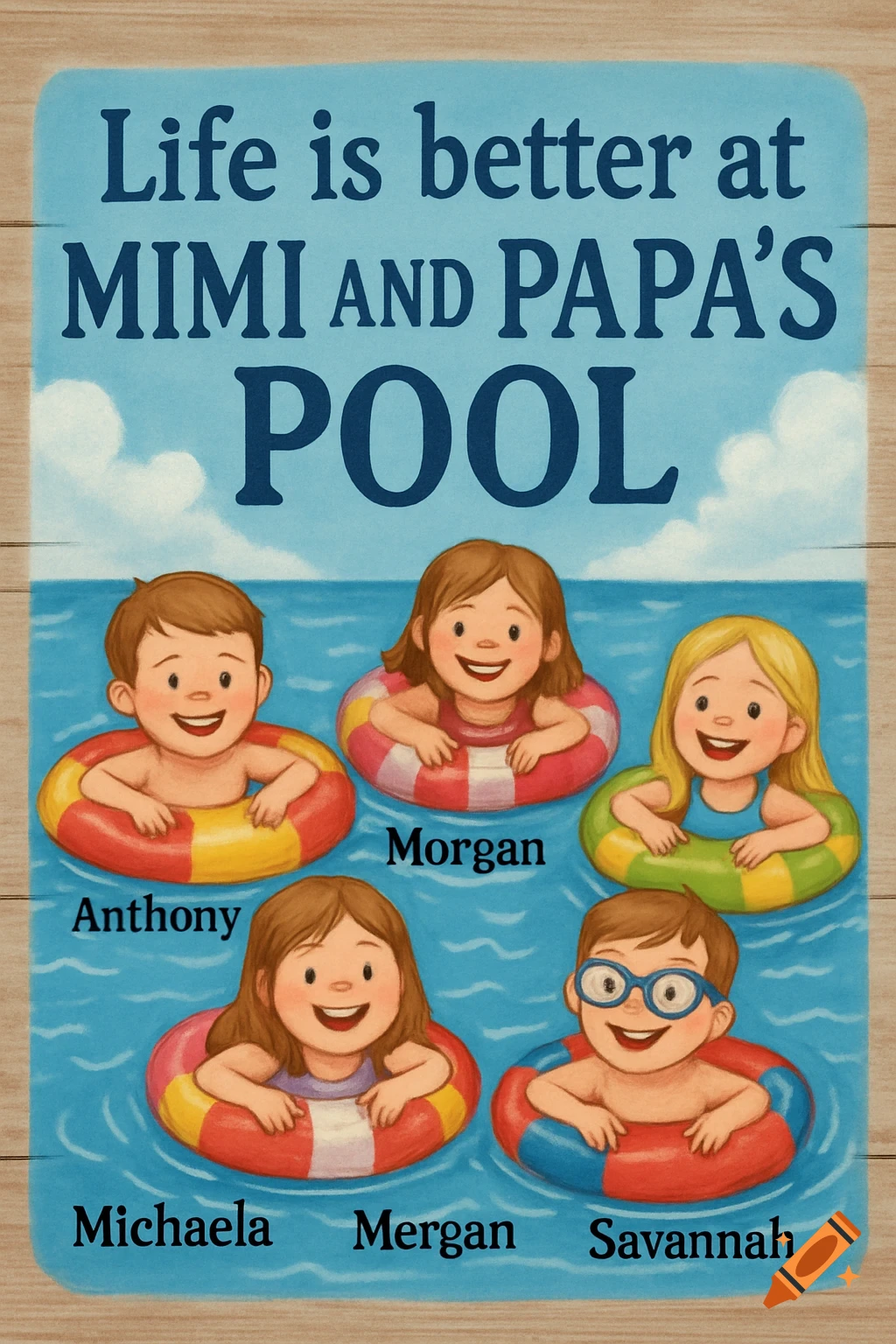 Cartoon image of five children in swim rings in a pool, with text 'Life is better at Mimi and Papa's Pool' and names below.