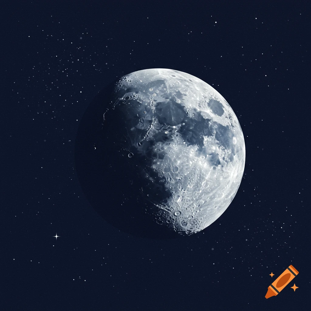 Detailed close-up of a waxing moon with visible craters against a dark, star-filled space background.