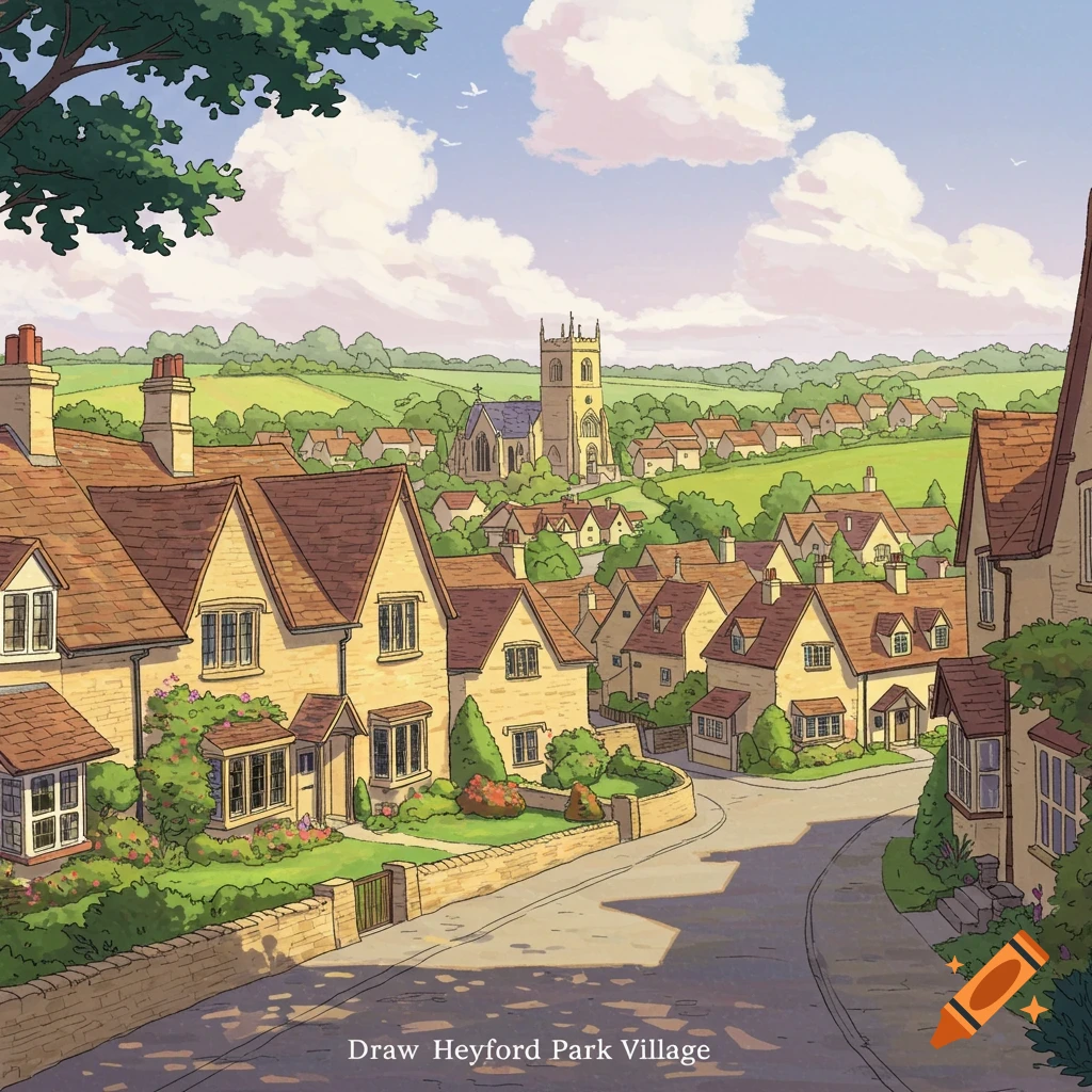 Cartoon illustration of a quaint English village with stone houses, a church, and green hills under a cloudy sky.