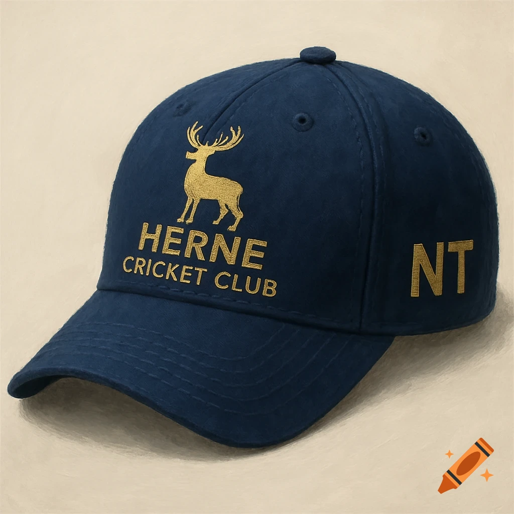 A navy blue baseball cap with a golden deer logo and 'HERNE CRICKET CLUB' on the front, 'NT' initials on the side.