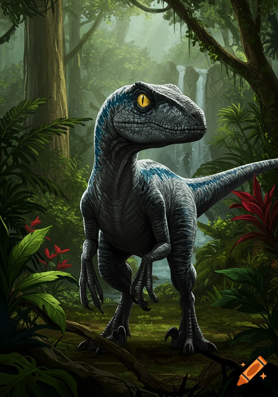 A blue velociraptor with yellow eyes stands in a lush, green jungle with a waterfall in the background, in a stylized illustration.