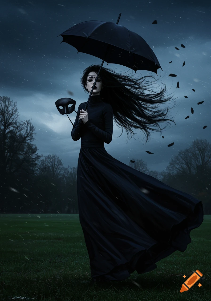 A dark artistic portrait of a woman in a black dress holding a mask and umbrella in a windy, rainy field.