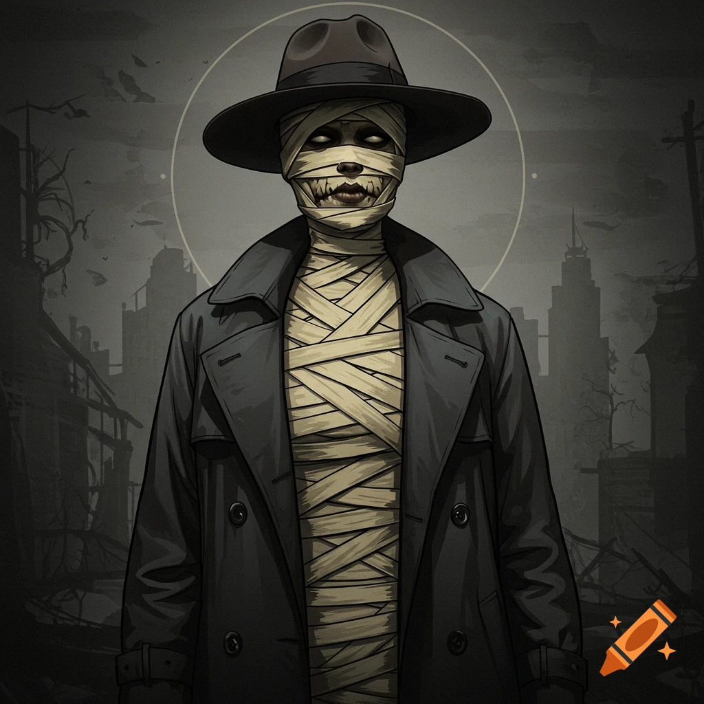 Stylized illustration of a mummy wearing a trench coat and fedora, set against a dark, gritty cityscape.