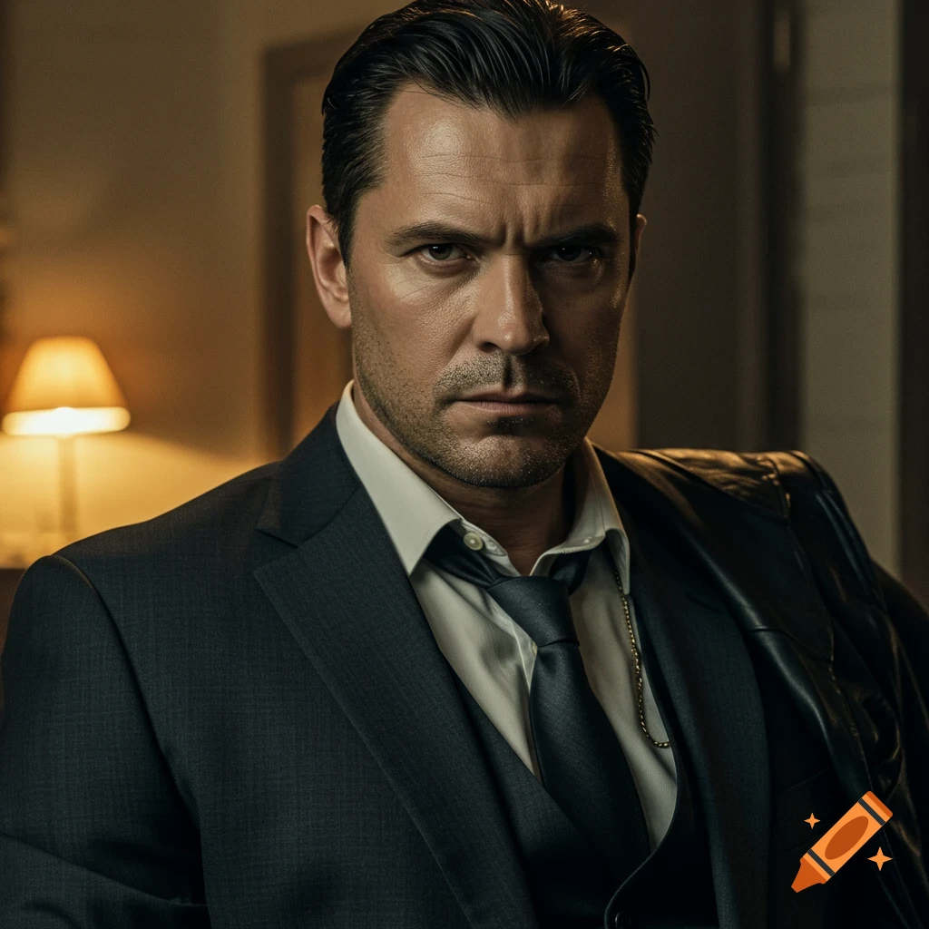 Photorealistic portrait of a serious man in a dark suit and tie, looking directly at the viewer.