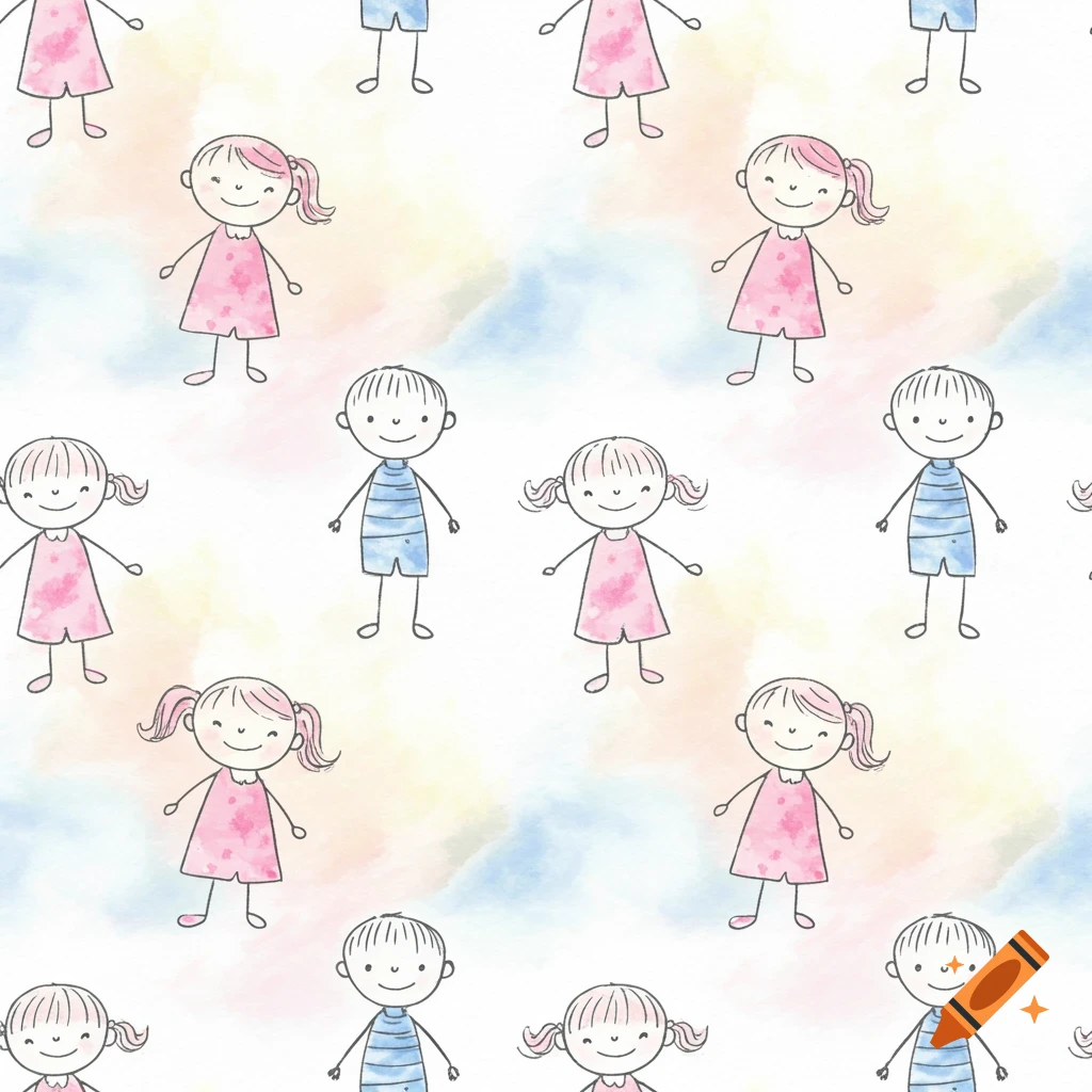 Seamless watercolor pattern with repeating stick figure doodles of smiling boys and girls.