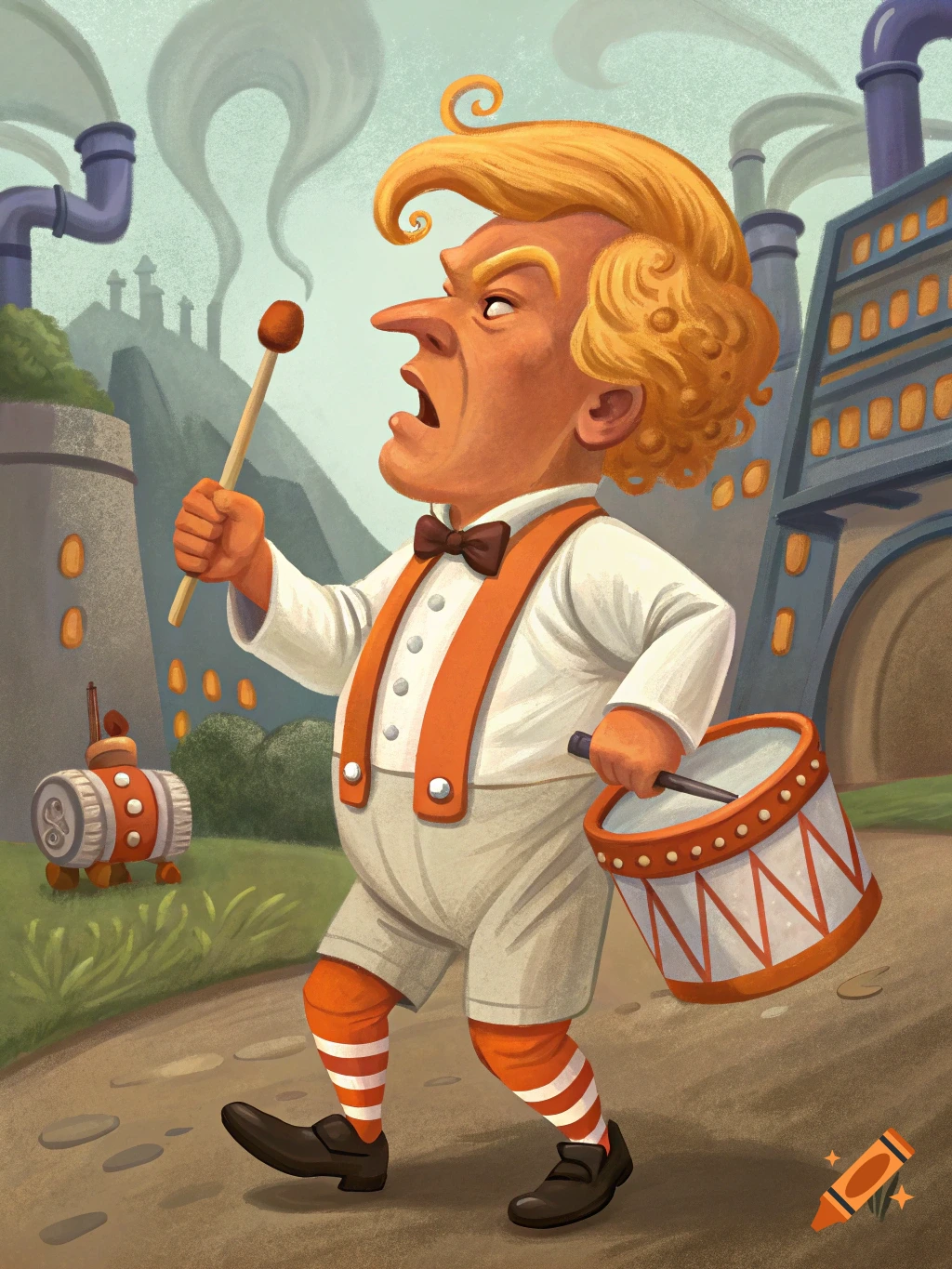 A cartoon caricature of Donald Trump as an Oompa Loompa, walking and holding a drum and drumstick, in front of a factory.