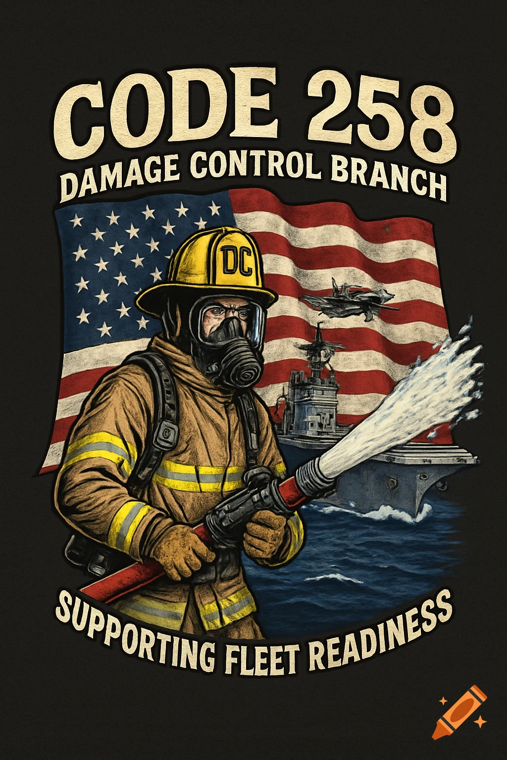 T-shirt design with a firefighter, American flag, and Navy carrier. Text: CODE 258 DAMAGE CONTROL BRANCH, SUPPORTING FLEET READINESS.