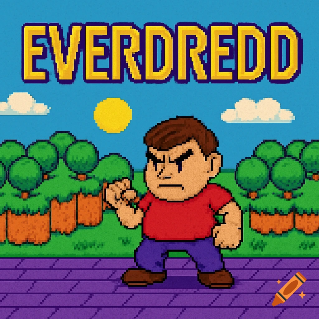 Pixel art of a grumpy cartoon character with a red shirt and purple pants, with the yellow word EVERDREDD above, in a retro video game landscape.
