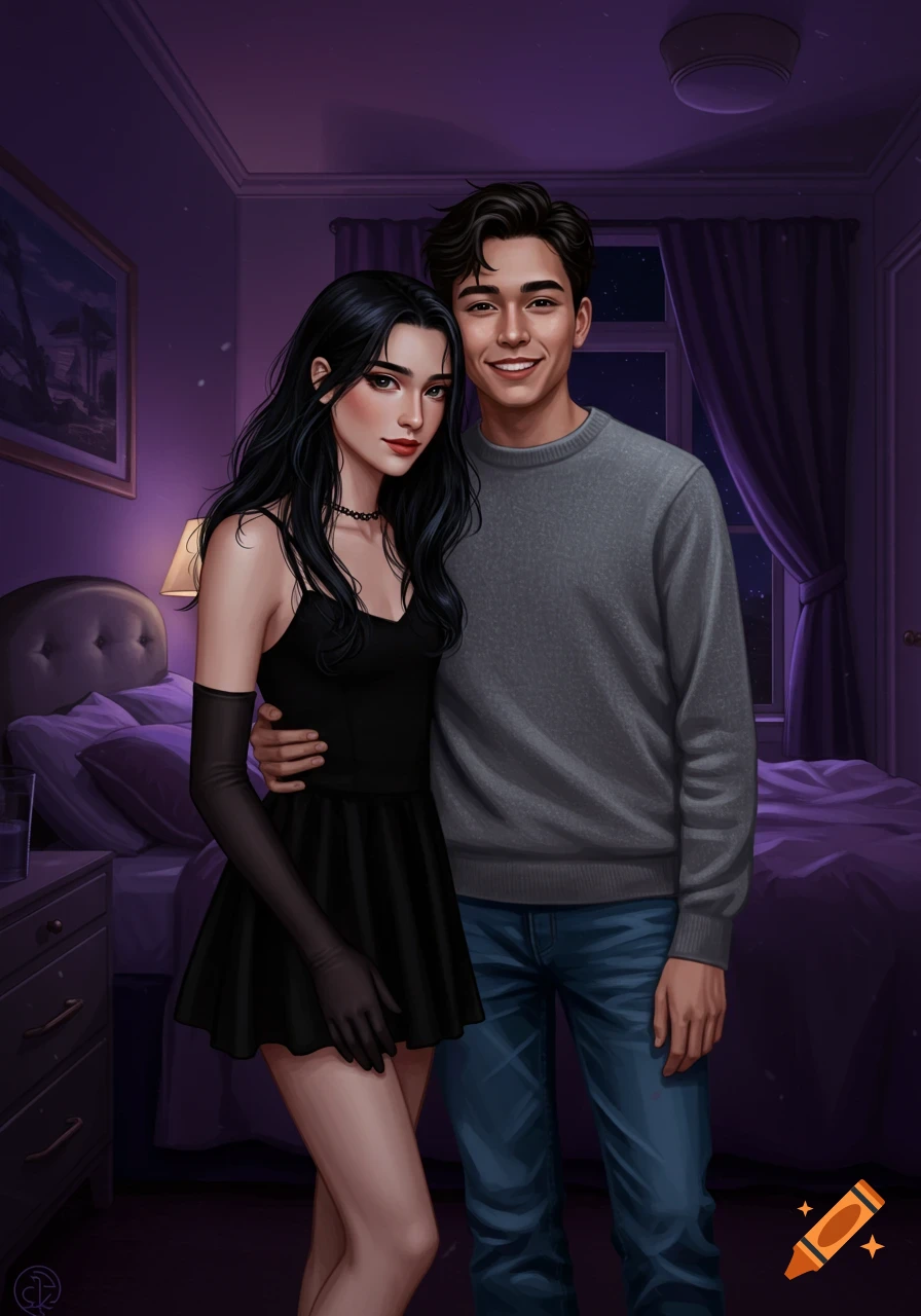 An illustrated young couple stands close in a dimly lit, purple-hued bedroom. The woman wears a black dress and long gloves, the man a gray sweater and jeans.