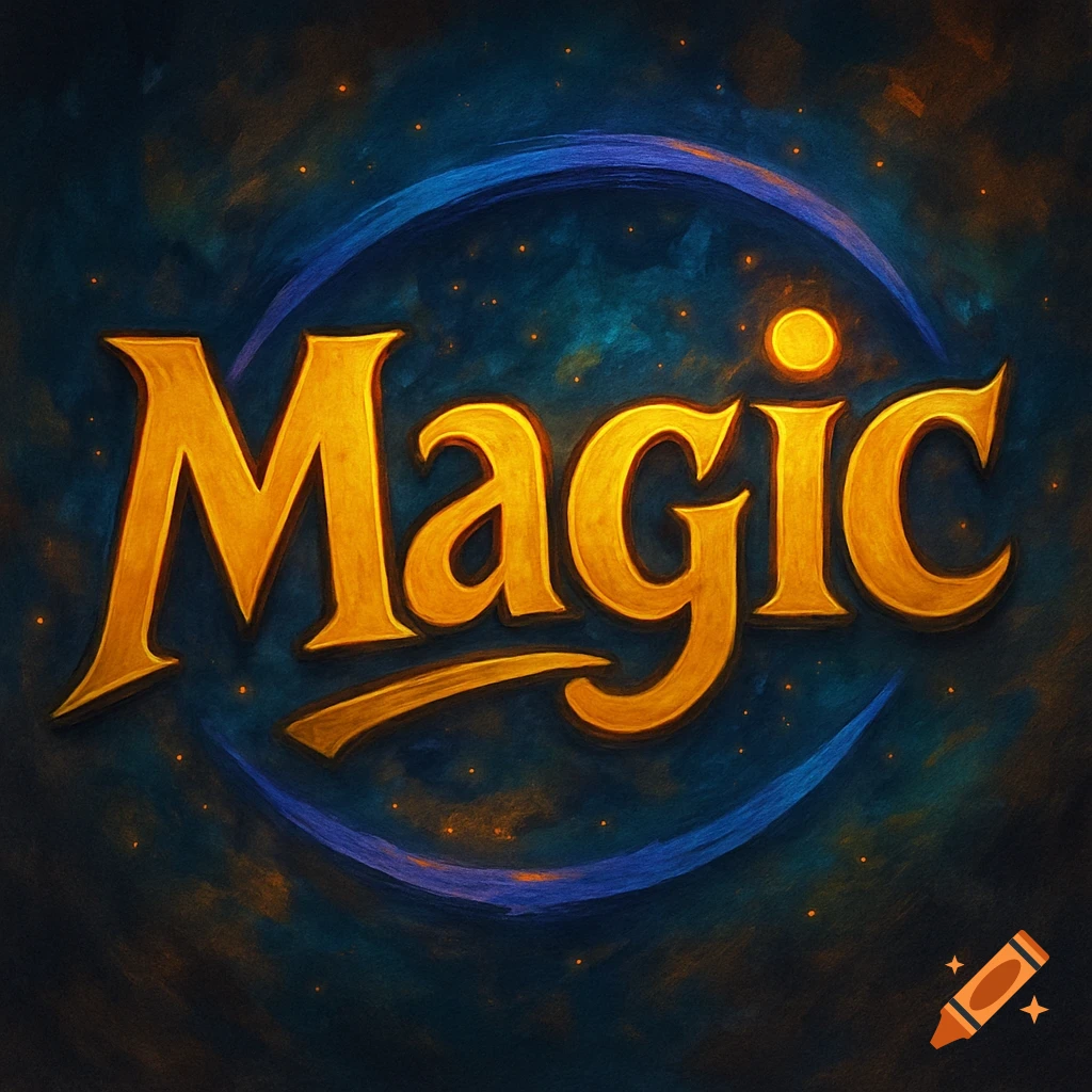 Golden, stylized 'Magic' logo against a dark blue cosmic background with glowing stars and a subtle crescent moon.