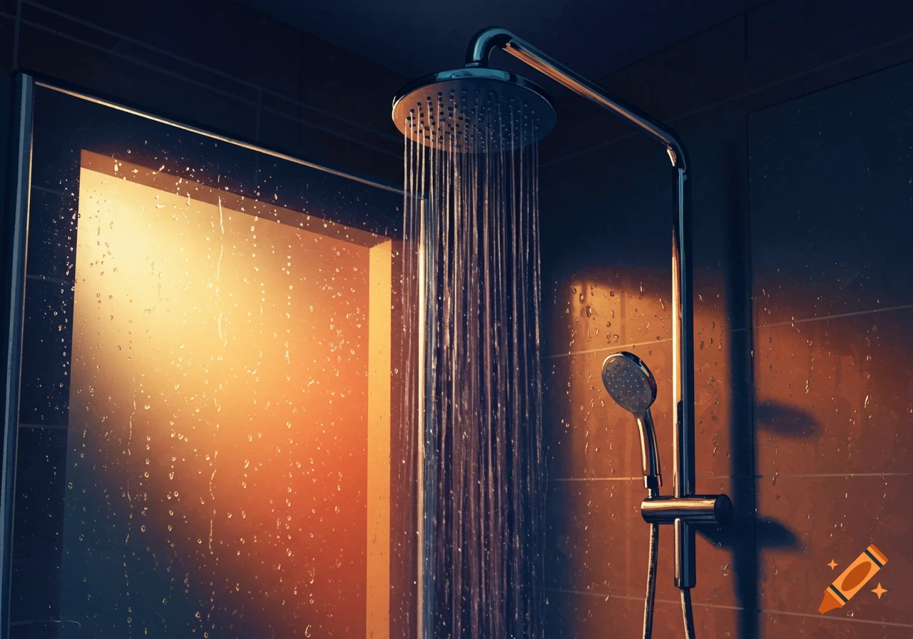 A running showerhead with water droplets on a glass door, lit by a warm glow.