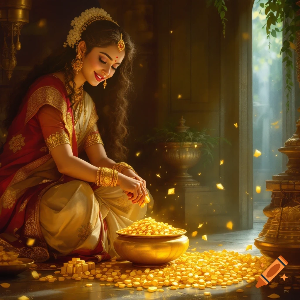 A beautiful woman in traditional Indian attire smiles as she sits among piles of gold coins and a golden pot, in a richly decorated interior.