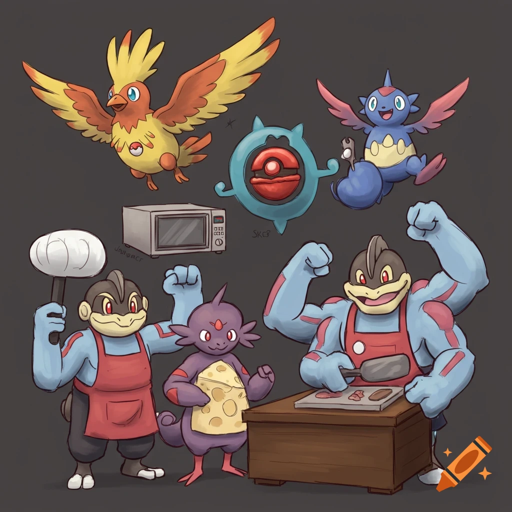 A colorful illustration featuring several stylized Pokemon characters in a kitchen setting. A four-armed Machamp in a red apron cooks at a table while a smaller purple creature with cheese patterns stands nearby.