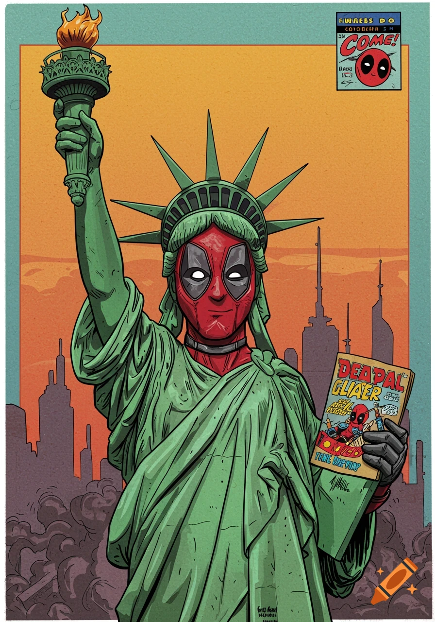 Deadpool dressed as the Statue of Liberty holding a comic book in a stylized illustration with a city skyline in the background.