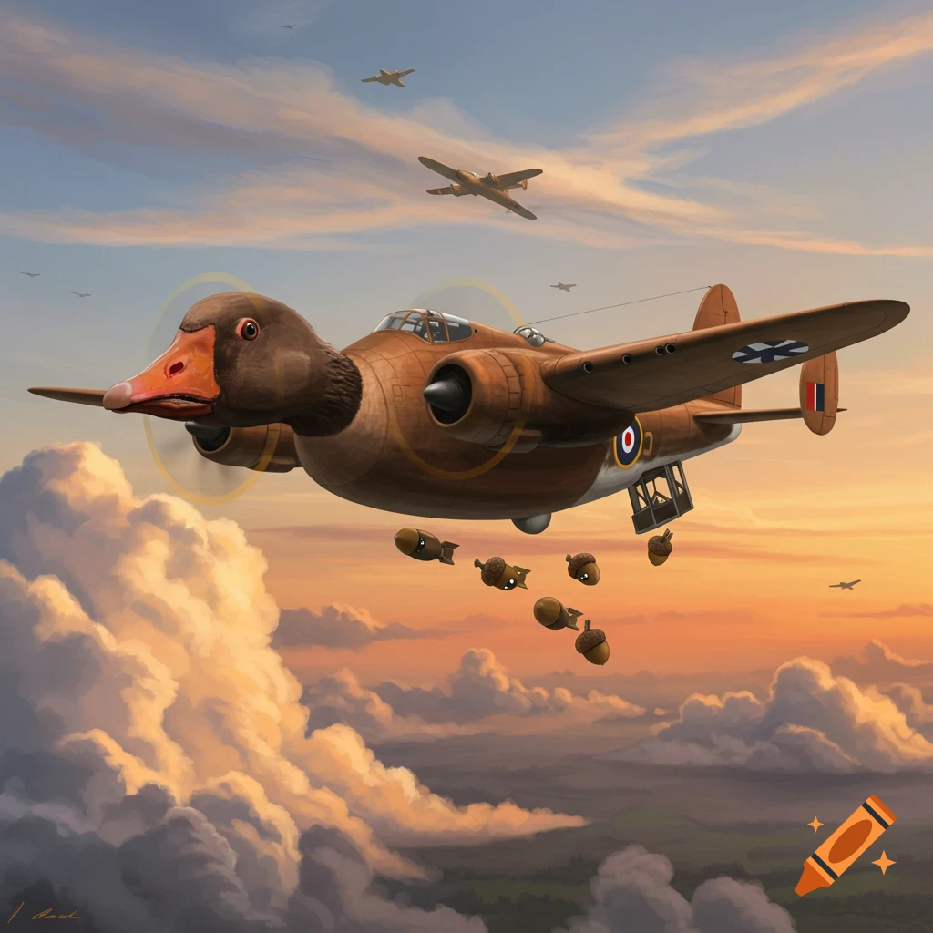 A whimsical brown duck-headed airplane with propellers, resembling a WWII bomber, flies through a cloudy sky at sunset, dropping acorn-shaped bombs. Other planes are in the distance.