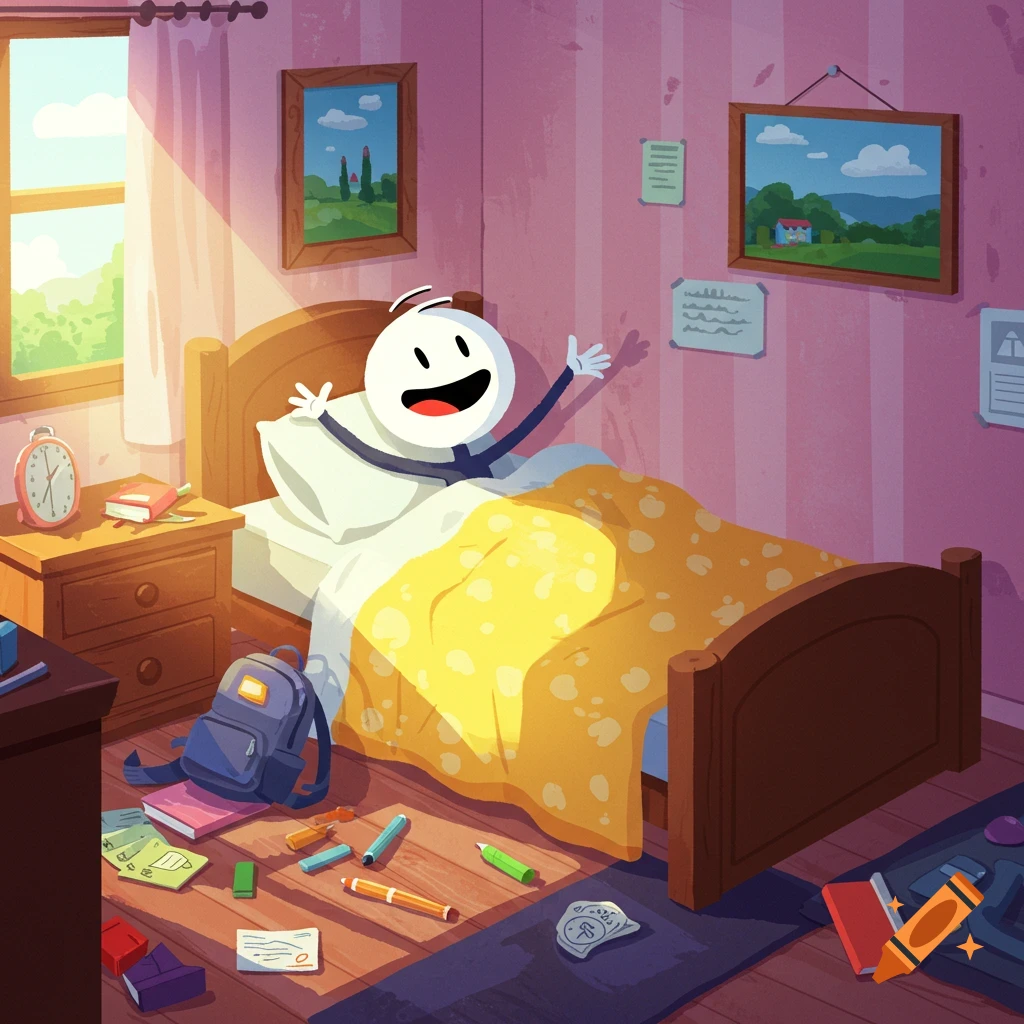 A happy cartoon stick figure wakes up in a sunny bedroom, stretching in bed with school supplies on the floor.