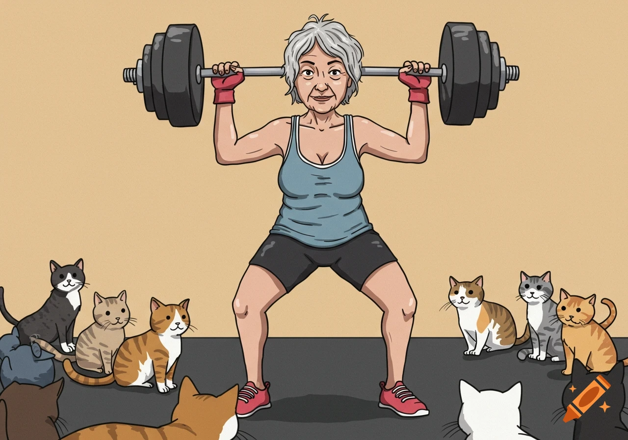 A cartoon of an elderly woman in a blue top and black shorts lifting a barbell in a squat, surrounded by several cats.