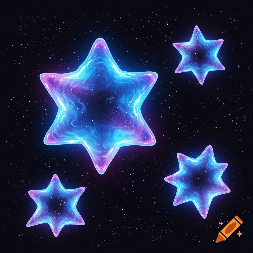 Four glowing, translucent six-pointed stars with blue and purple nebula-like interiors float in a dark, starry space.