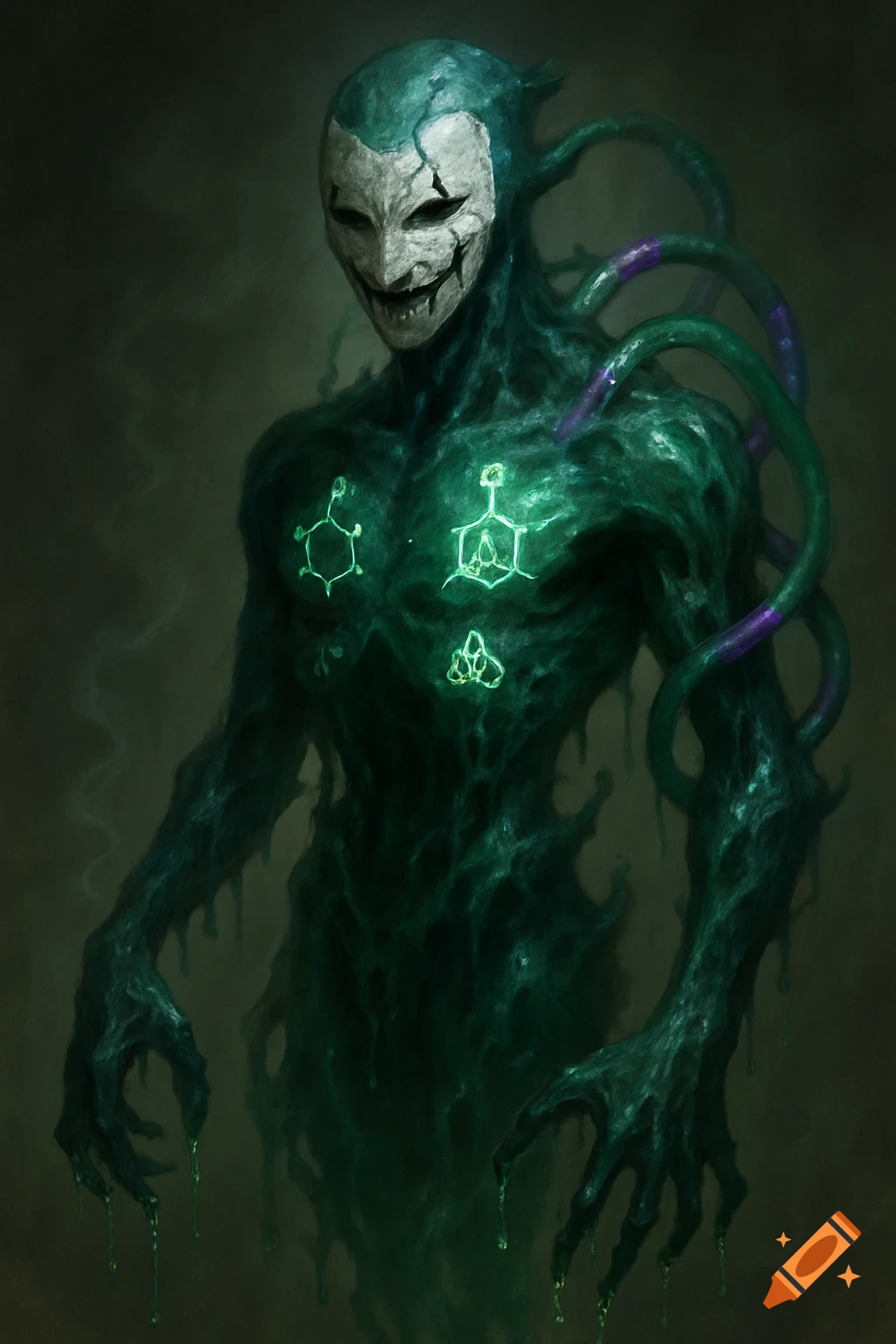 A sea-green and black humanoid creature with a melting, semi-liquid body. It wears a cracked white mask with a jagged smile and glows with bioluminescent chemical symbols.
