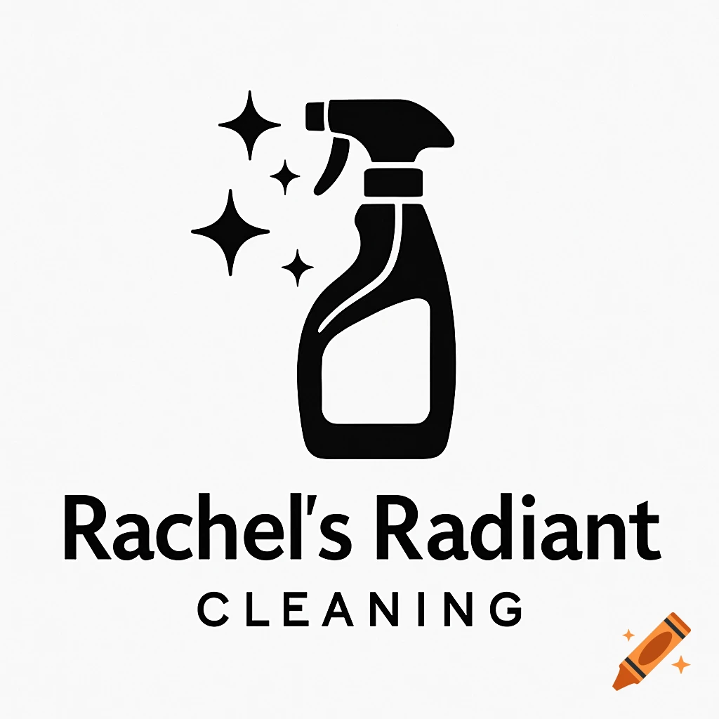 Black and white logo for Rachel's Radiant Cleaning, featuring a spray bottle with sparkling stars.