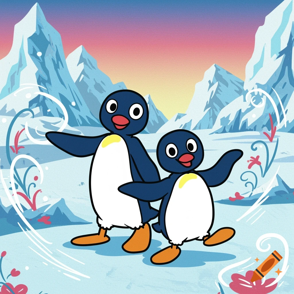 Two cartoon penguins, Pingu and Pinga, stand smiling in a snowy arctic landscape with mountains under a colorful sky, in a Hanna-Barbera animation style.