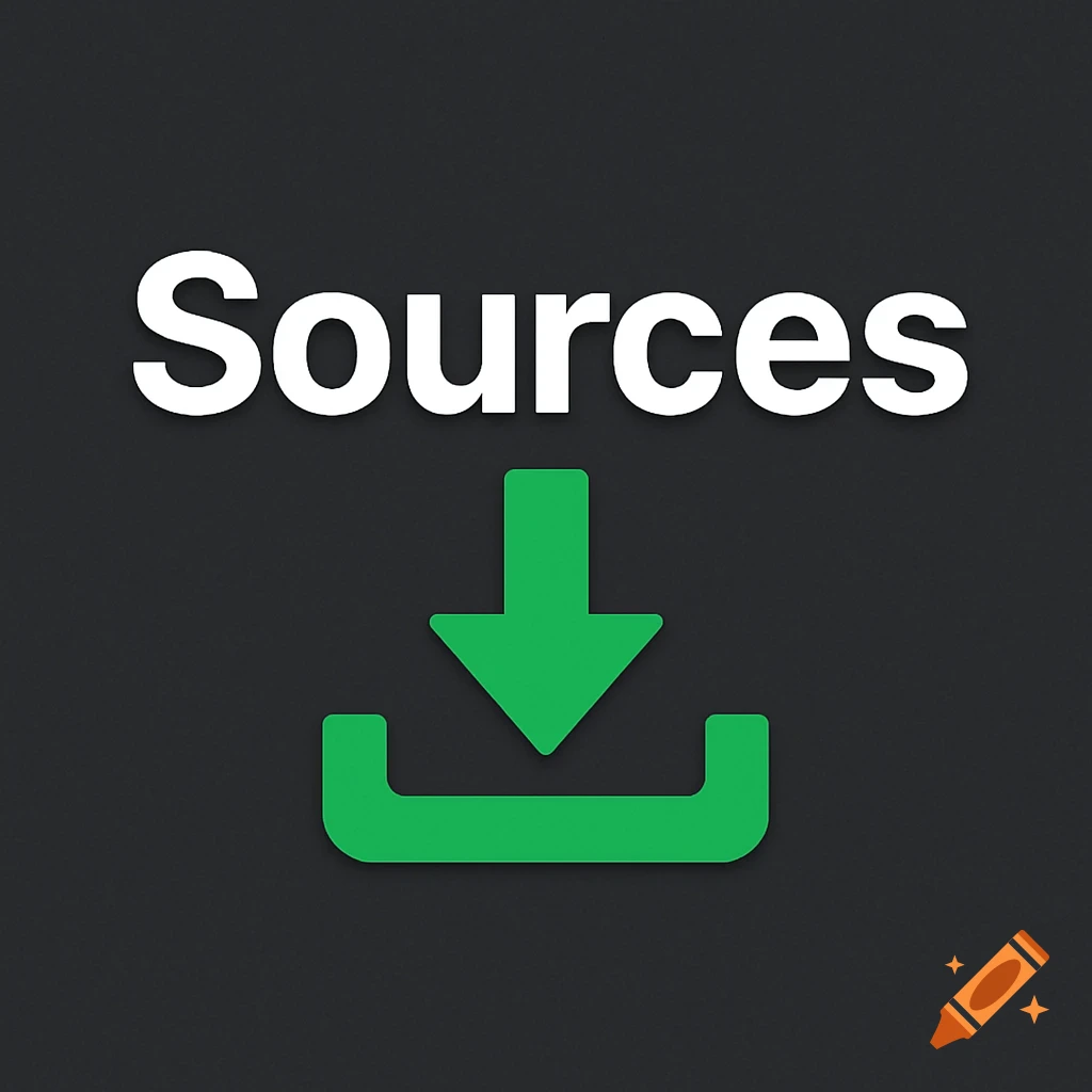 A white 'Sources' text above a green download icon on a dark gray background.