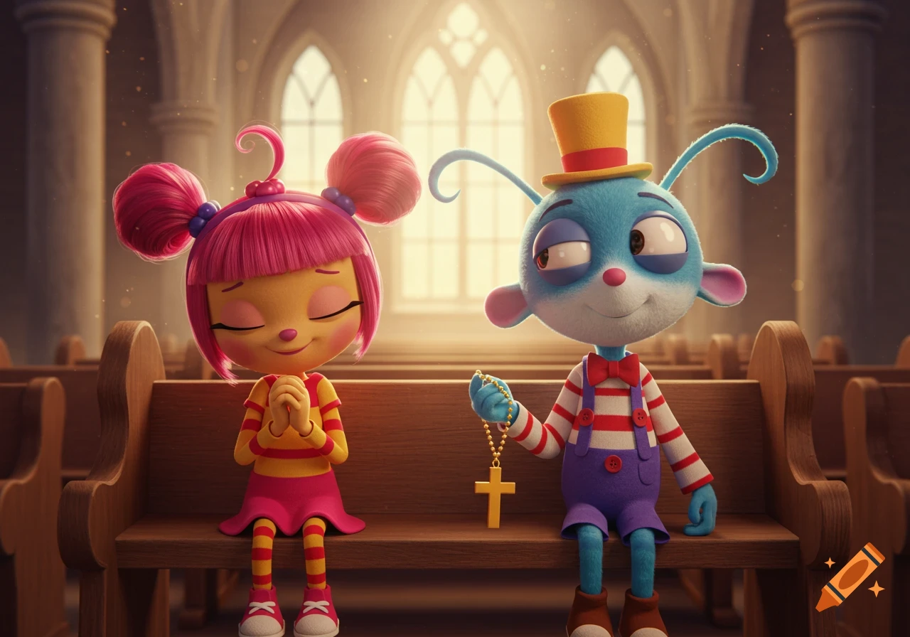 Two cartoon characters, a pink-haired girl praying and a blue creature holding a cross, sit on a church pew.