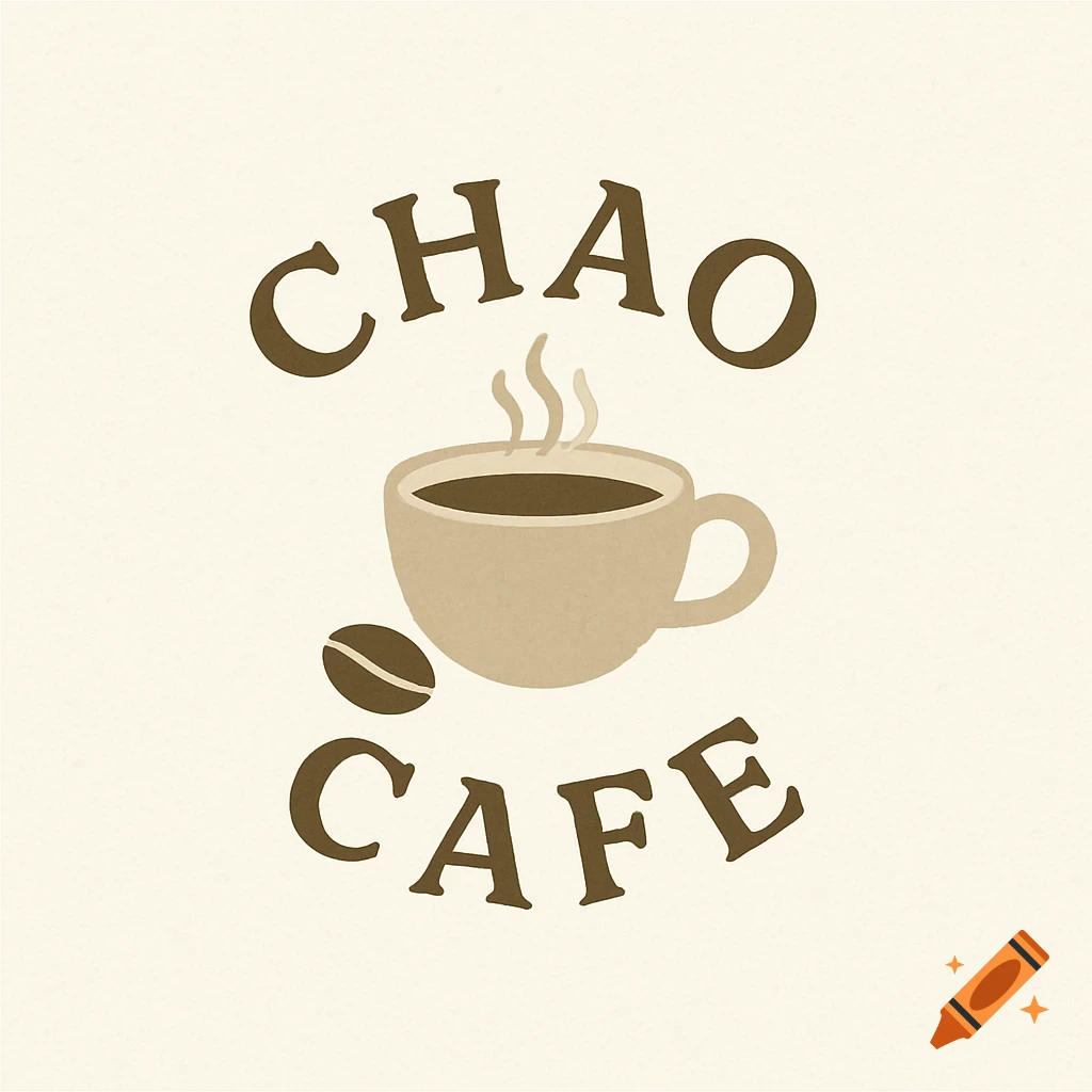 A minimalist logo for Chao Cafe featuring a steaming coffee cup and a coffee bean on a light background.