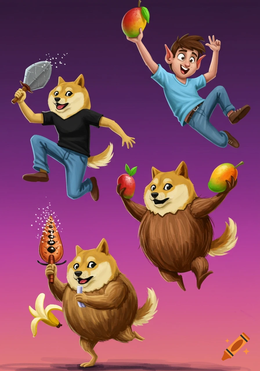 A colorful digital illustration featuring a cartoon boy and three anthropomorphic dog-headed characters, all jumping. One dog-headed character wears a black shirt and holds a stone club. Another dog-headed character, with a furry brown body, holds an apple and a mango. A third furry brown dog-headed character holds a spiked carrot and a banana while drinking. The boy has elf ears and holds a mango.