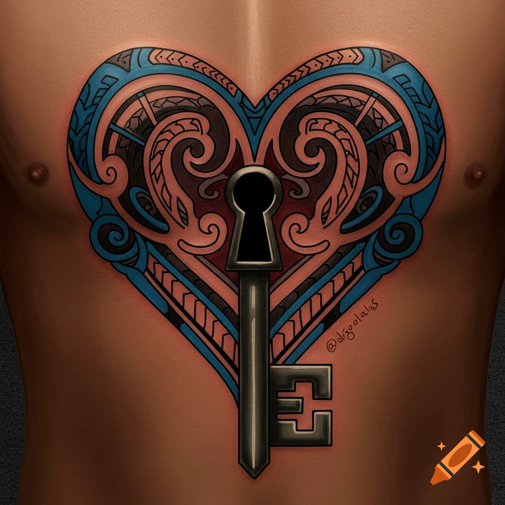 A detailed Polynesian-style heart tattoo with a keyhole and key, rendered in blue, black, and red, on a person's chest.