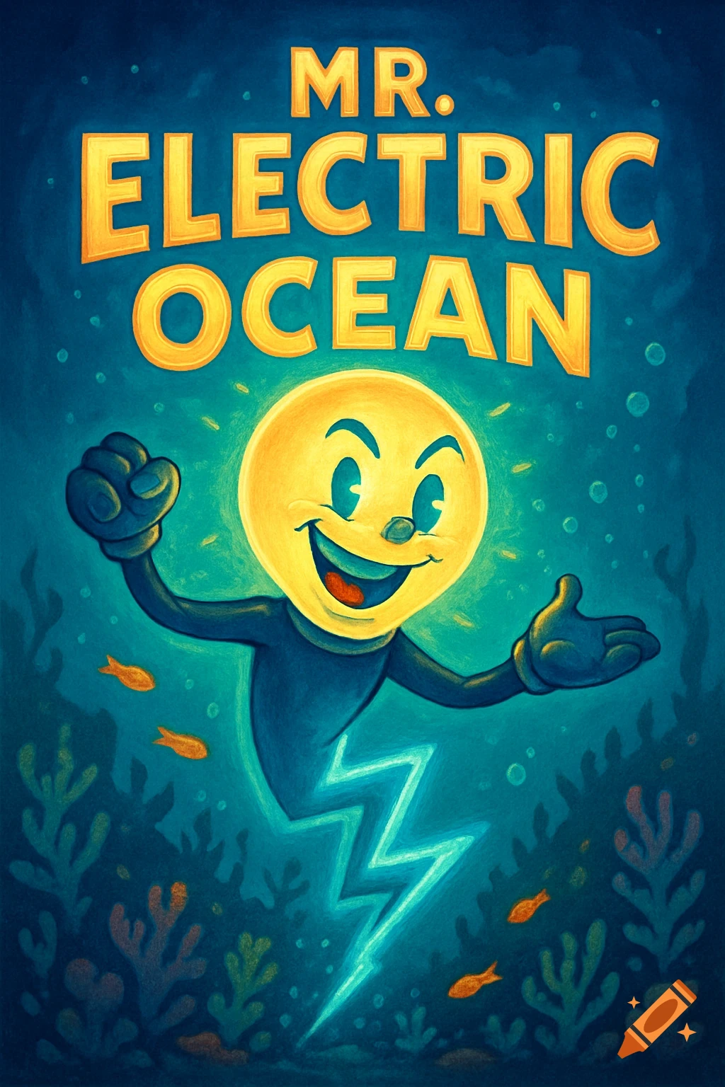 A smiling lightbulb character with arms and a lightning bolt body underwater, with coral, fish, and bubbles. Text says 'MR. ELECTRIC OCEAN' above.