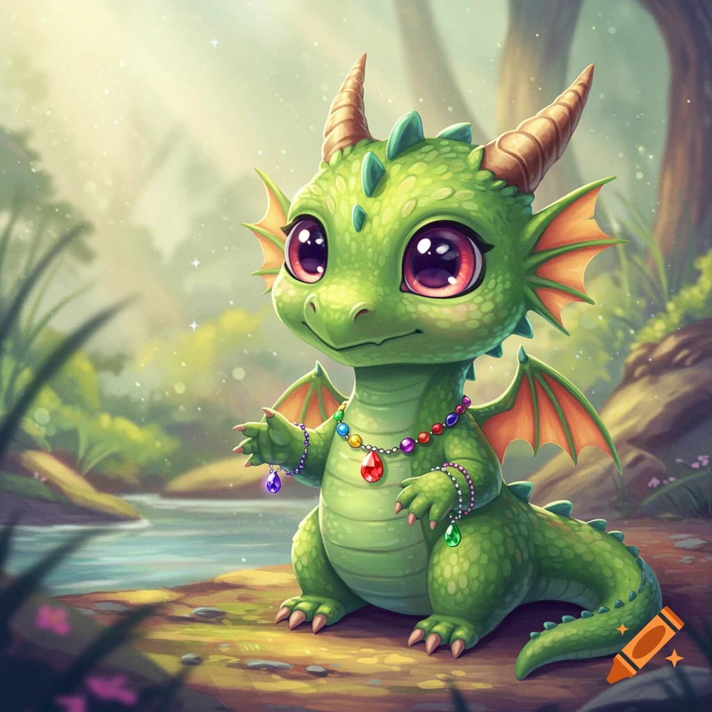 A cute green dragon with large pink eyes wearing colorful gemstone jewelry sits in a lush forest by a stream, digital illustration.
