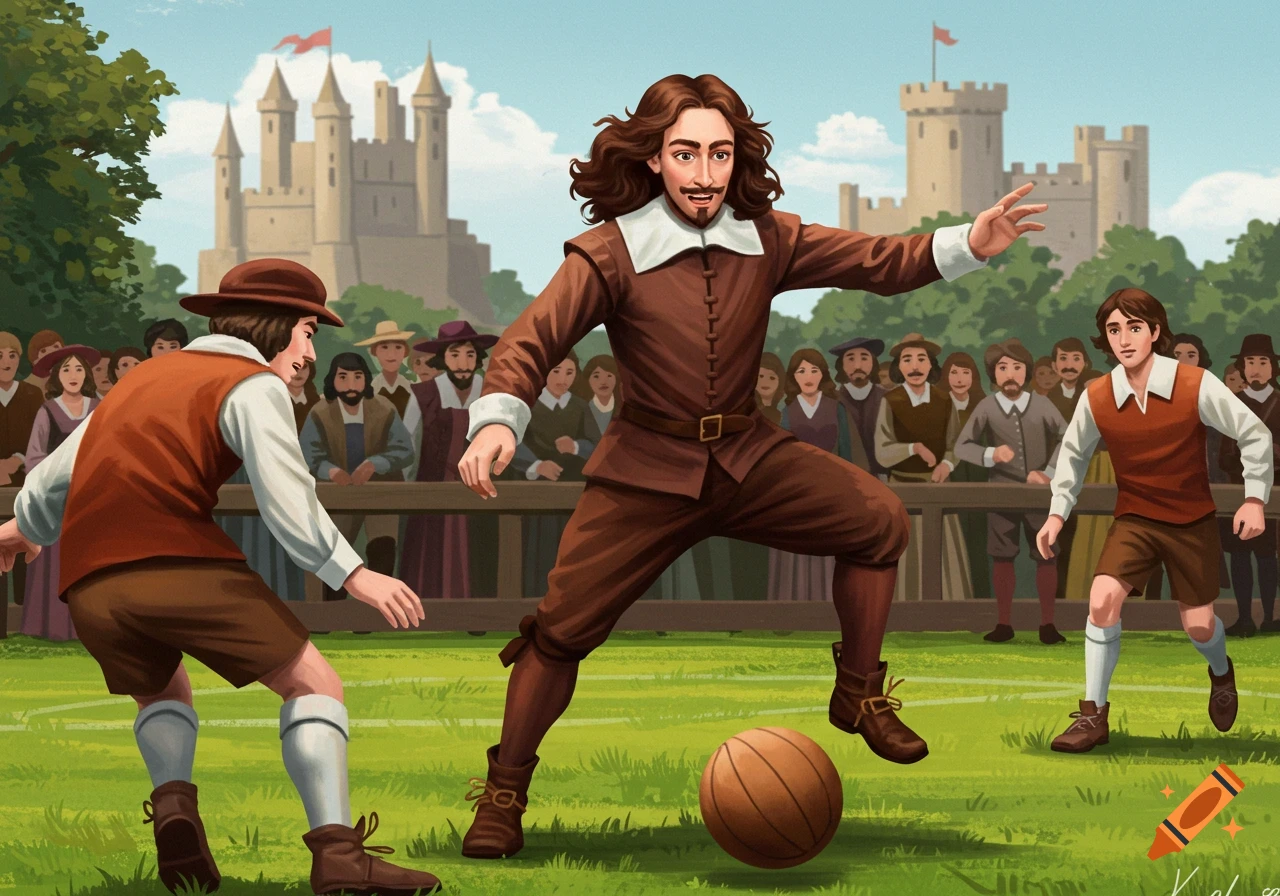 Illustration of men in 17th-century attire playing football on a field with a castle background.